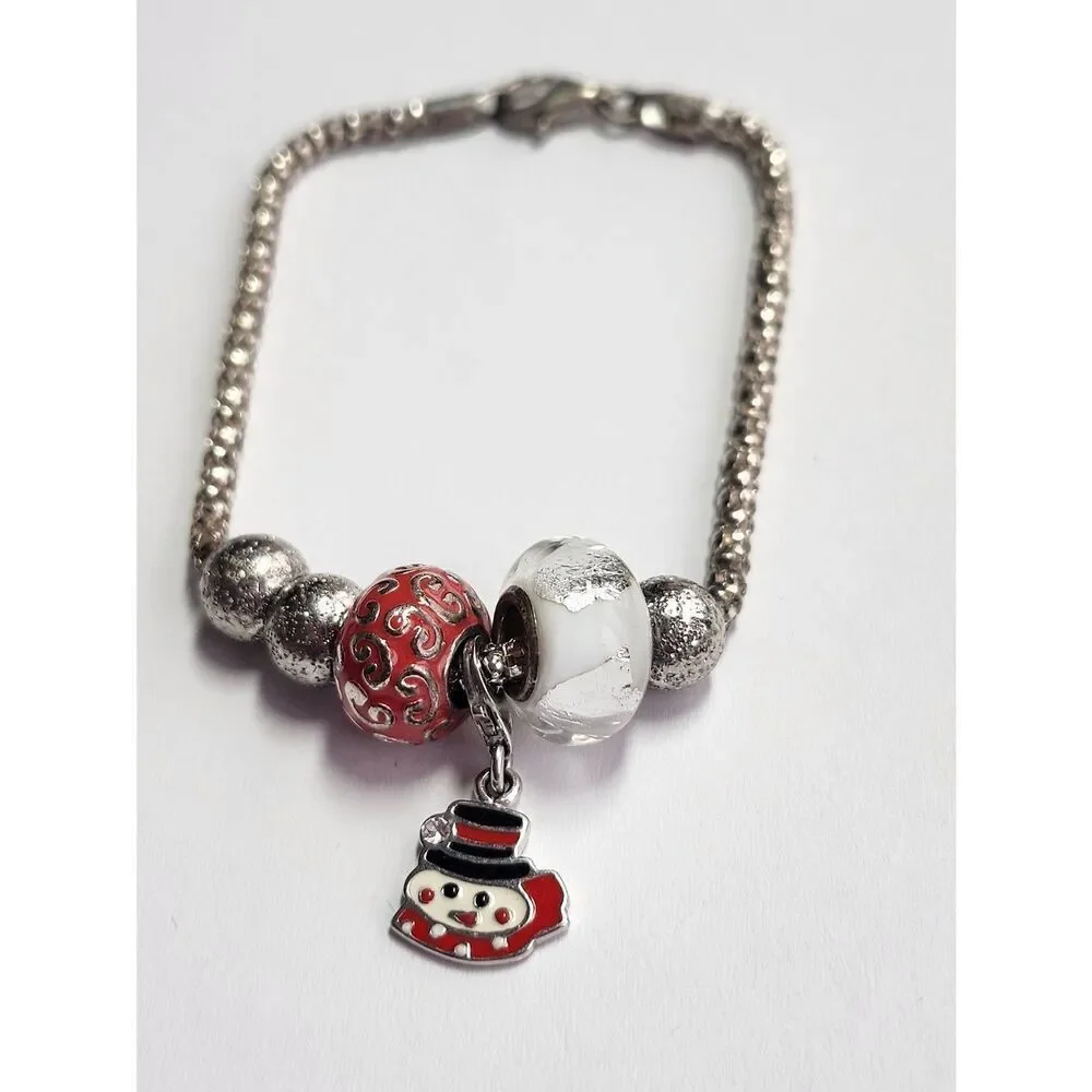Sterling Silver Holiday Charm Bracelet with Red and White Beads